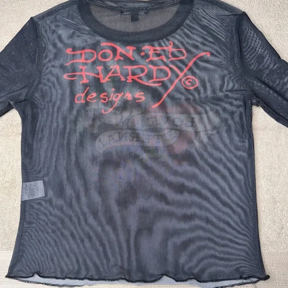 Ed Hardy Black Sheer Long Sleeve Tattoo-Print Crop Top - Picture 8 of 11